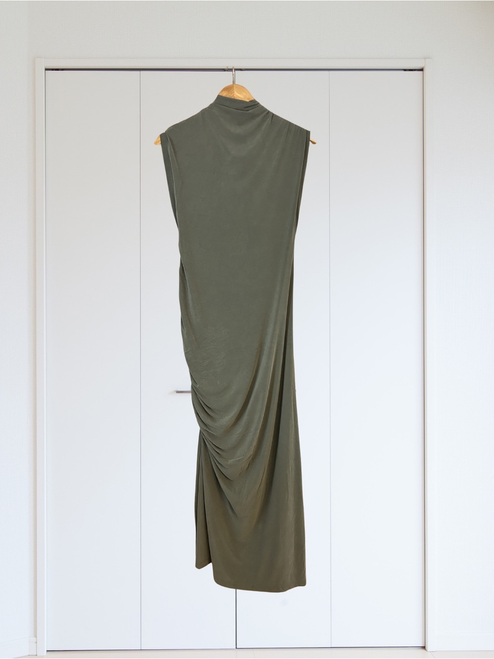 Anthropologie Olive Green Ruched Maxi Dress w/Side Slit Sz. M - Picture 3 of 7